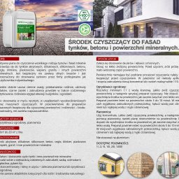 CleanTech - Środek czyszczący do fasad tynków, betonu i powierzchni mineralnych, prezentowany obok fragmentu elewacji budynku.