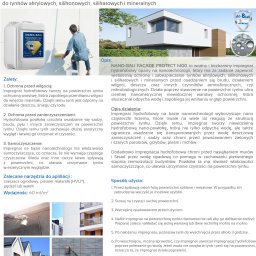 CleanTech - Mężczyzna na rusztowaniu maluje ścianę budynku impregnatem hydrofobowym Nano-Bau Facade Protect h100, widoczny kanister z produktem, budynek w tle.