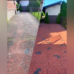 CleanTech - Porównanie stanu kostki brukowej przed i po czyszczeniu, widoczne różnice w kolorze i usunięciu zabrudzeń, z lewej strony kostka pokryta mchem i plamami, z prawej czysta i odświeżona,...