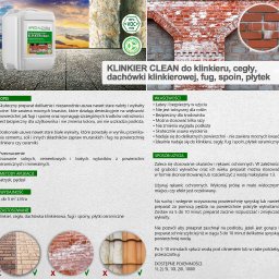 CleanTech - Zdjęcie prezentuje opakowanie środka do czyszczenia klinkieru, cegieł i płytek ceramicznych, z widocznymi informacjami o jego właściwościach i zastosowaniu, umieszczone na tle różnych powierzchni...