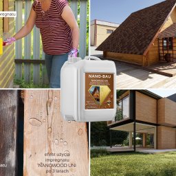 CleanTech - Montażowy kolaż prezentujący etapy impregnacji drewna: aplikacja impregnatu wałkiem na drewnianą konstrukcję, dom z drewnianą elewacją, zbliżenie na drewno z kroplami impregnatu, porównanie drewna...