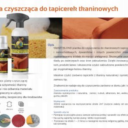 CleanTech - Pianka do czyszczenia tapicerek SmartBlond w sprayu i butelce, prezentowana na tle pomarańczowego fotela i gąbki, z opisem właściwości i zastosowania.