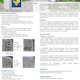 CleanTech - Grafika informacyjna o impregnacie NANO-BAU STONE ANTISTAIN do ochrony kamienia przed plamami, prezentująca jego zalety, sposób użycia i rodzaje powierzchni, na których można go stosować, w tym...