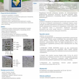 Grafika informacyjna o impregnacie NANO-BAU STONE ANTISTAIN do ochrony kamienia przed plamami, prezentująca jego zalety, sposób użycia i rodzaje powierzchni, na których można go stosować, w tym...
