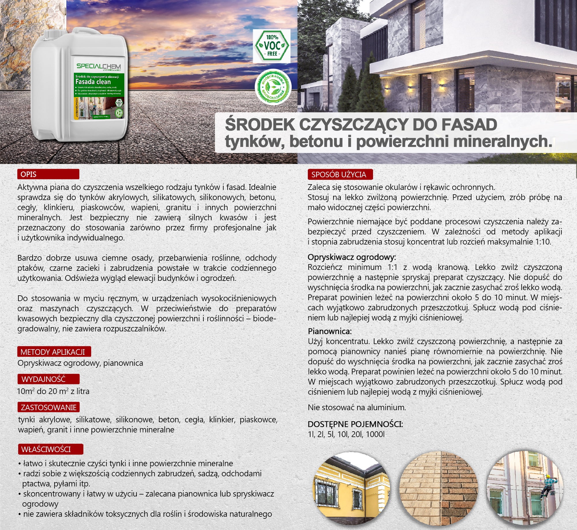 Środek czyszczący do fasad tynków, betonu i powierzchni mineralnych, prezentowany obok fragmentu elewacji budynku.
