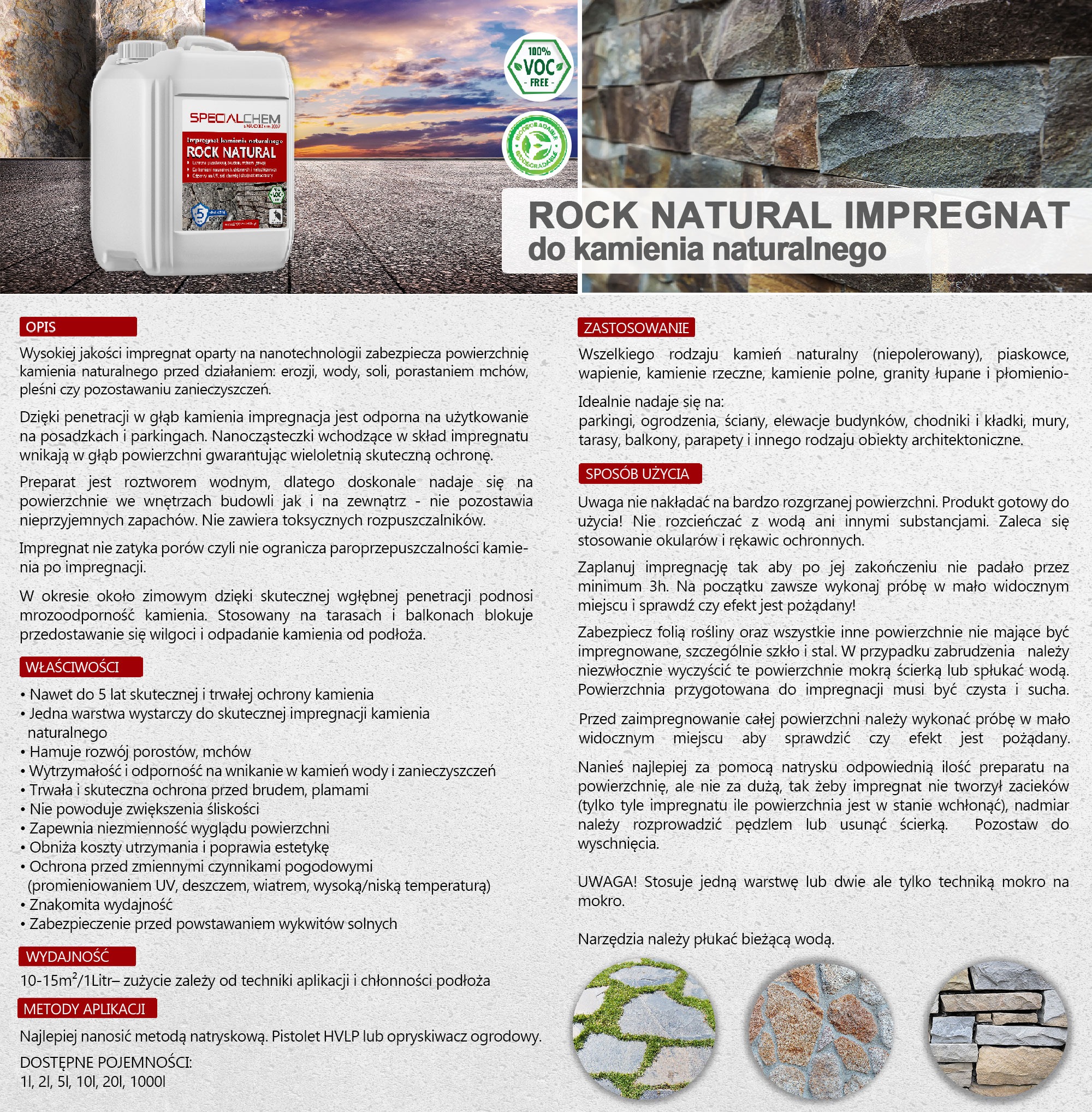 Kanister z impregnatem do kamienia naturalnego marki Specialchem Rock Natural na tle kamiennej ściany i zachodzącego słońca, z oznaczeniami ekologicznymi.