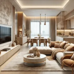 Eleganckie wnętrze apartamentu: salon z aneksem kuchennym, beżowe meble, marmurowy stolik kawowy, dekoracyjne oświetlenie LED, nowoczesny design, widok na jadalnię.