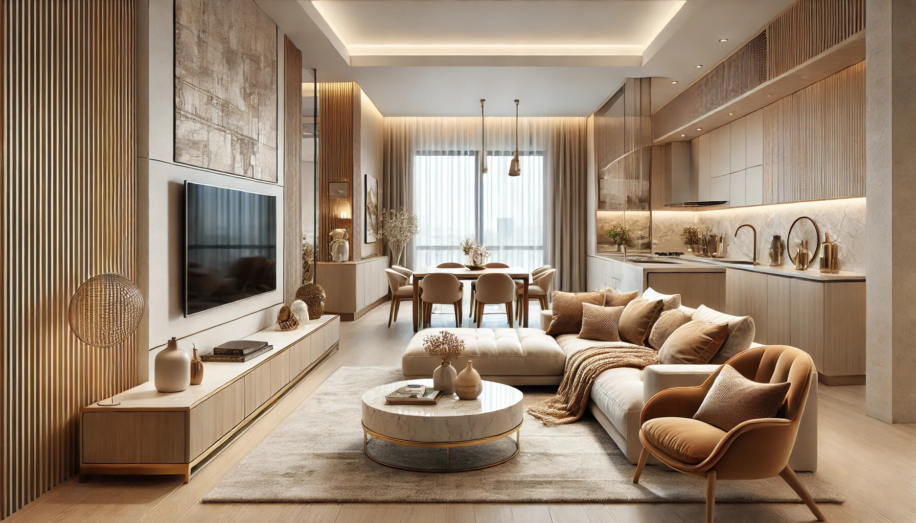 Eleganckie wnętrze apartamentu: salon z aneksem kuchennym, beżowe meble, marmurowy stolik kawowy, dekoracyjne oświetlenie LED, nowoczesny design, widok na jadalnię.