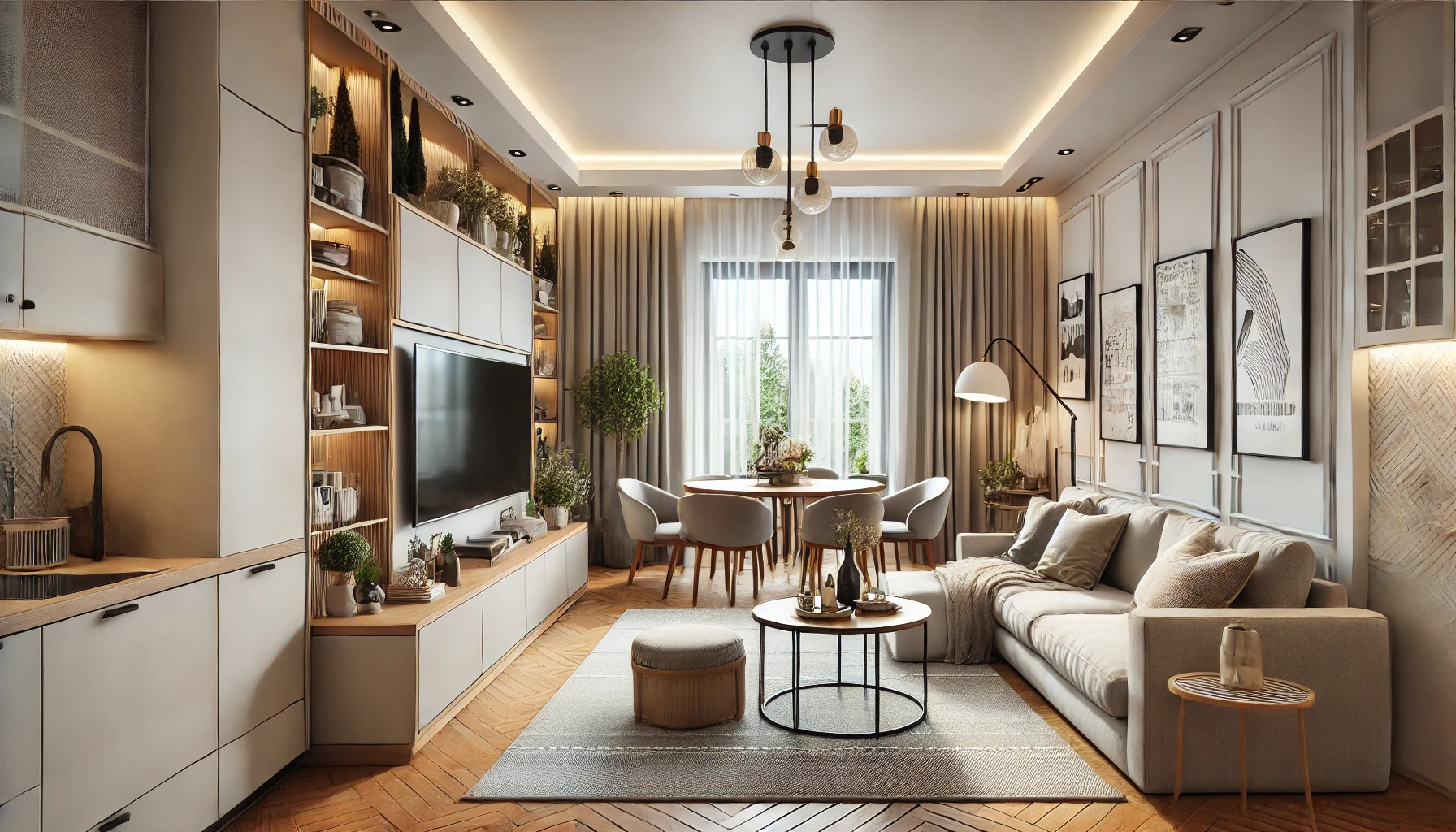 Jasne, przestronne wnętrze: salon z kuchnią, drewniana podłoga, szara sofa, okrągły stół z krzesłami, telewizor w zabudowie. Nowoczesny design z roślinami.