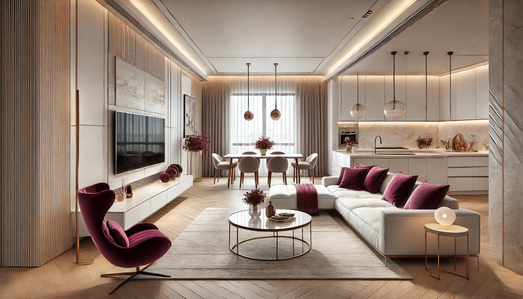 Eleganckie wnętrze: salon z kuchnią, biała sofa z burgundowymi poduszkami, okrągły stolik kawowy, krzesło typu 'egg' i parkiet w jodełkę. Oświetlenie LED podkreśla luksusowy charakter.