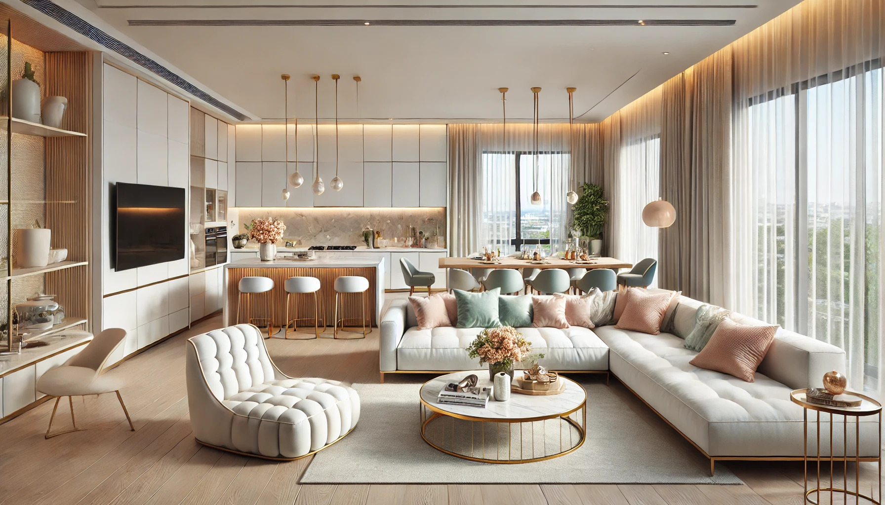 Eleganckie wnętrze w Sosnowcu: biała kuchnia z wyspą, salon z narożnikiem i dużymi oknami. Nowoczesny design z akcentami złota i marmuru. Przestronne i jasne.