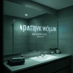 Wykończona łazienka z szarymi płytkami i dużym lustrem z podświetlonym logo firmy remontowej, nowoczesna armatura, minimalistyczny design.