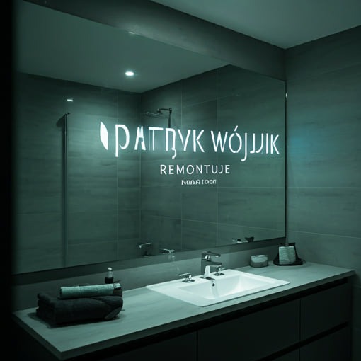 Wykończona łazienka z szarymi płytkami i dużym lustrem z podświetlonym logo firmy remontowej, nowoczesna armatura, minimalistyczny design.