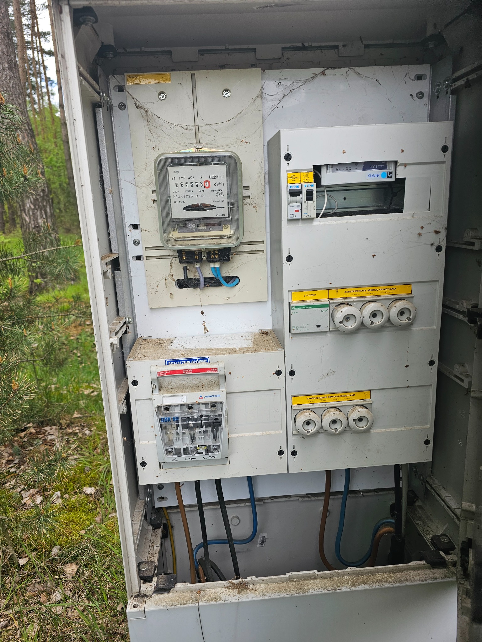Otwarta, brudna szafka elektryczna na zewnątrz z licznikiem, bezpiecznikami i przewodami, widoczne pajęczyny i zanieczyszczenia, tło z drzewami.