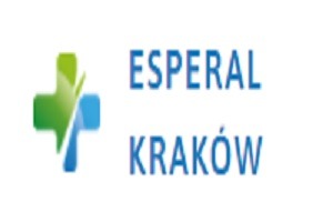 Logo kliniki Esperal Kraków z zielono-niebieskim krzyżem i nazwą.