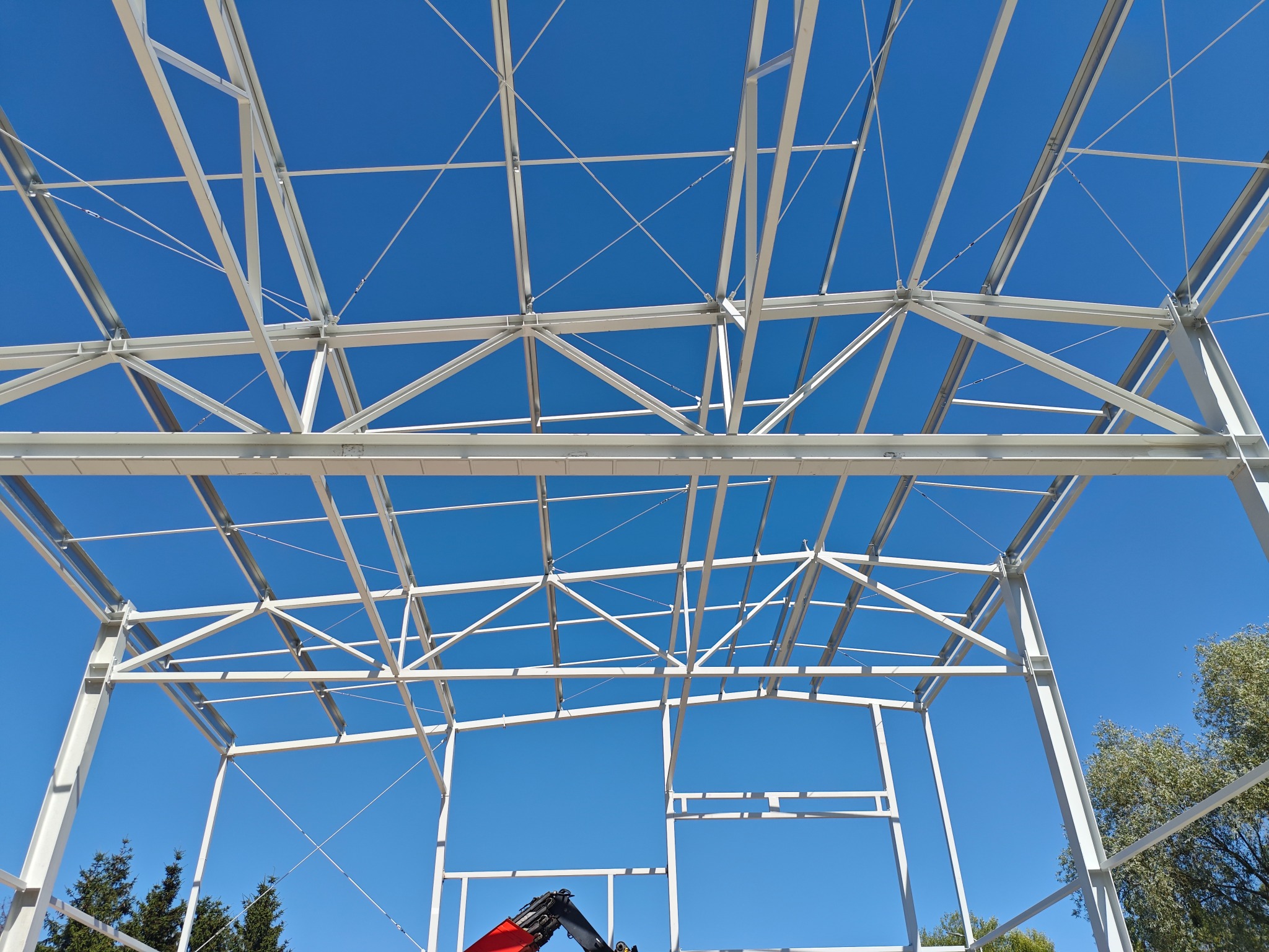 Wznoszona konstrukcja stalowa hali na tle błękitnego nieba, widok z dołu, fragment żurawia budowlanego w dolnej części kadru, drzewa w tle.