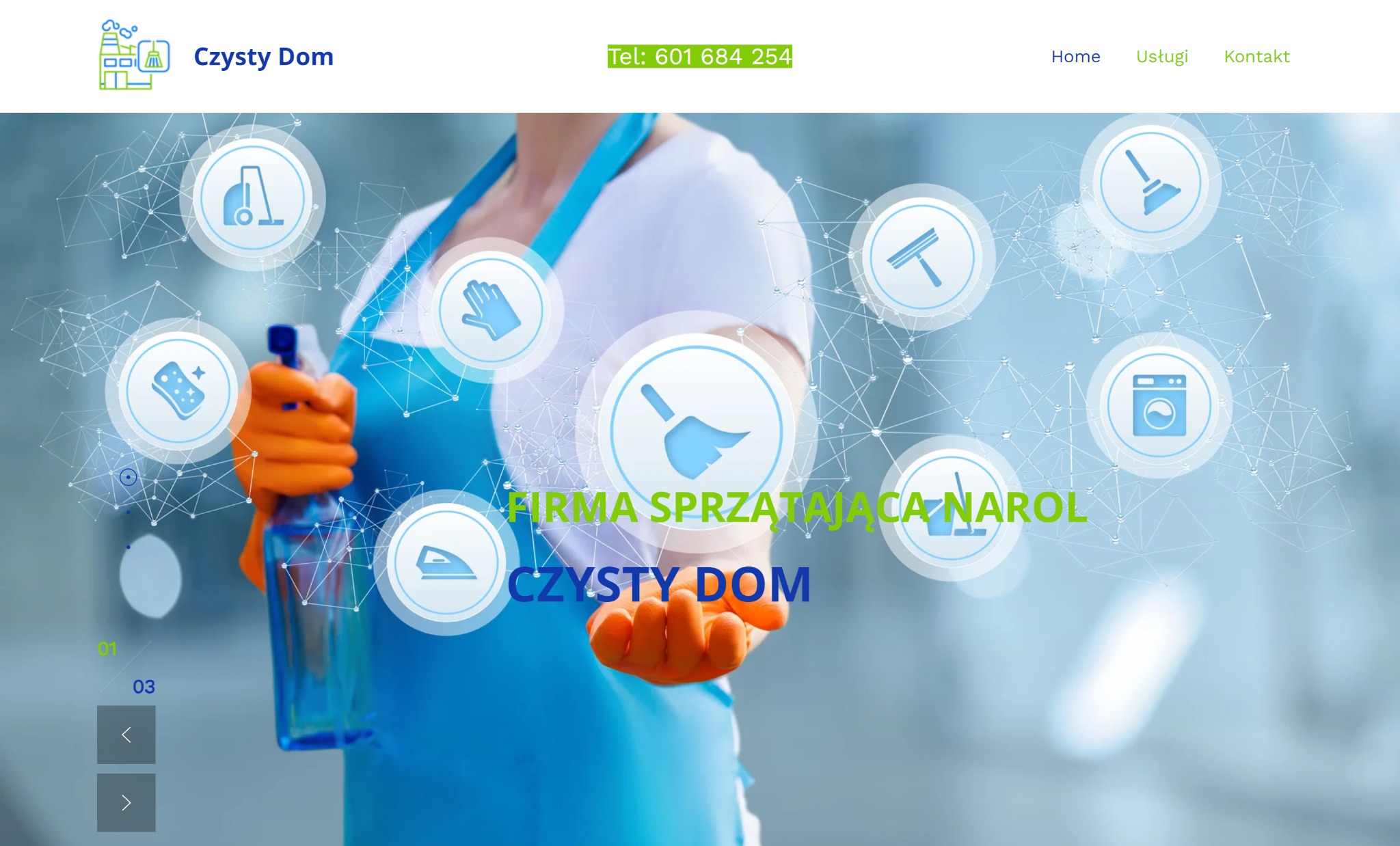 Strona internetowa firmy sprzątającej Czysty Dom z grafiką przedstawiającą dłoń w pomarańczowej rękawicy trzymającą butelkę ze spryskiwaczem na tle ikon związanych ze sprzątaniem.