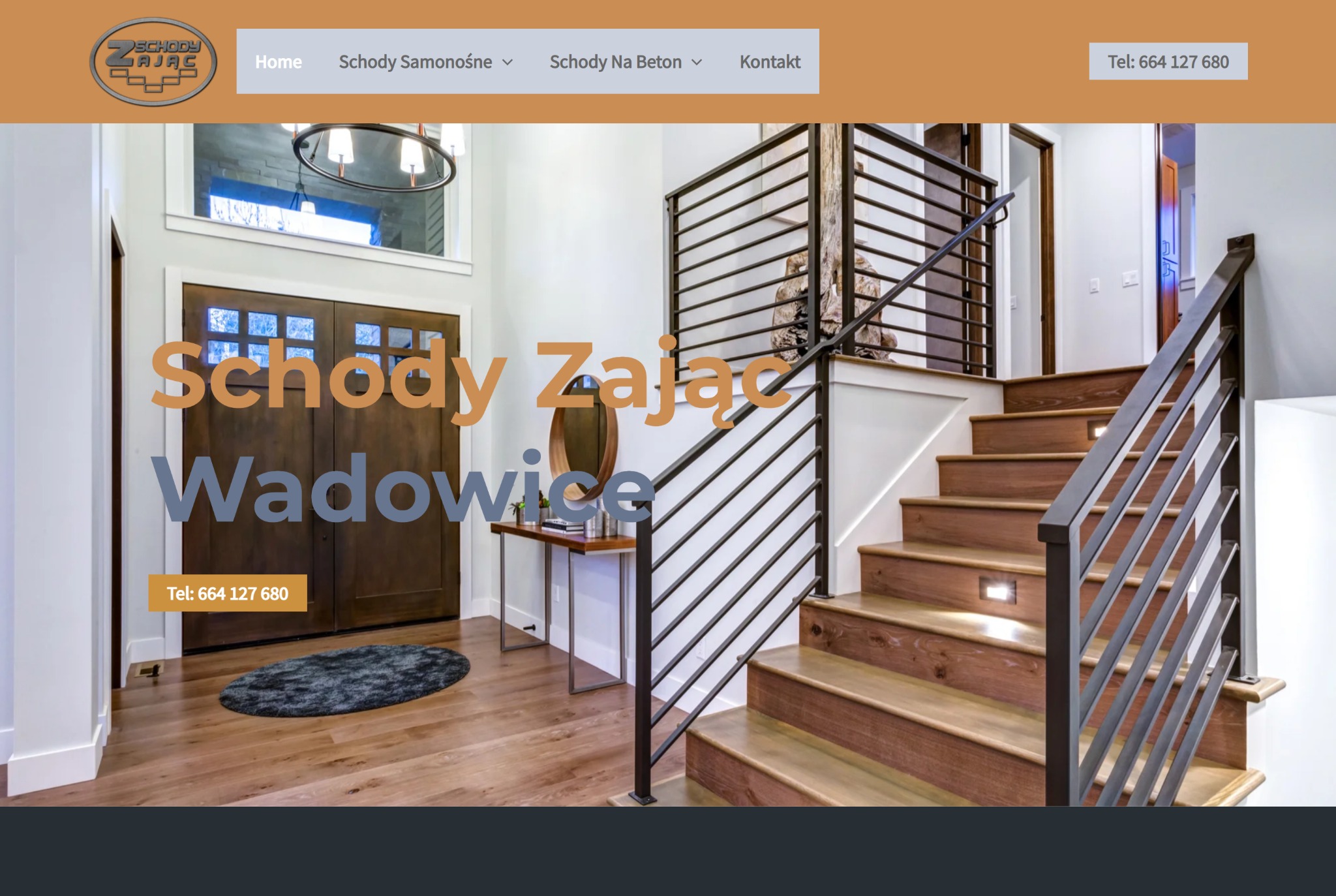 Strona internetowa firmy Schody Zając z Wadowic, prezentująca schody samonośne i na beton, z widocznym numerem telefonu kontaktowego.