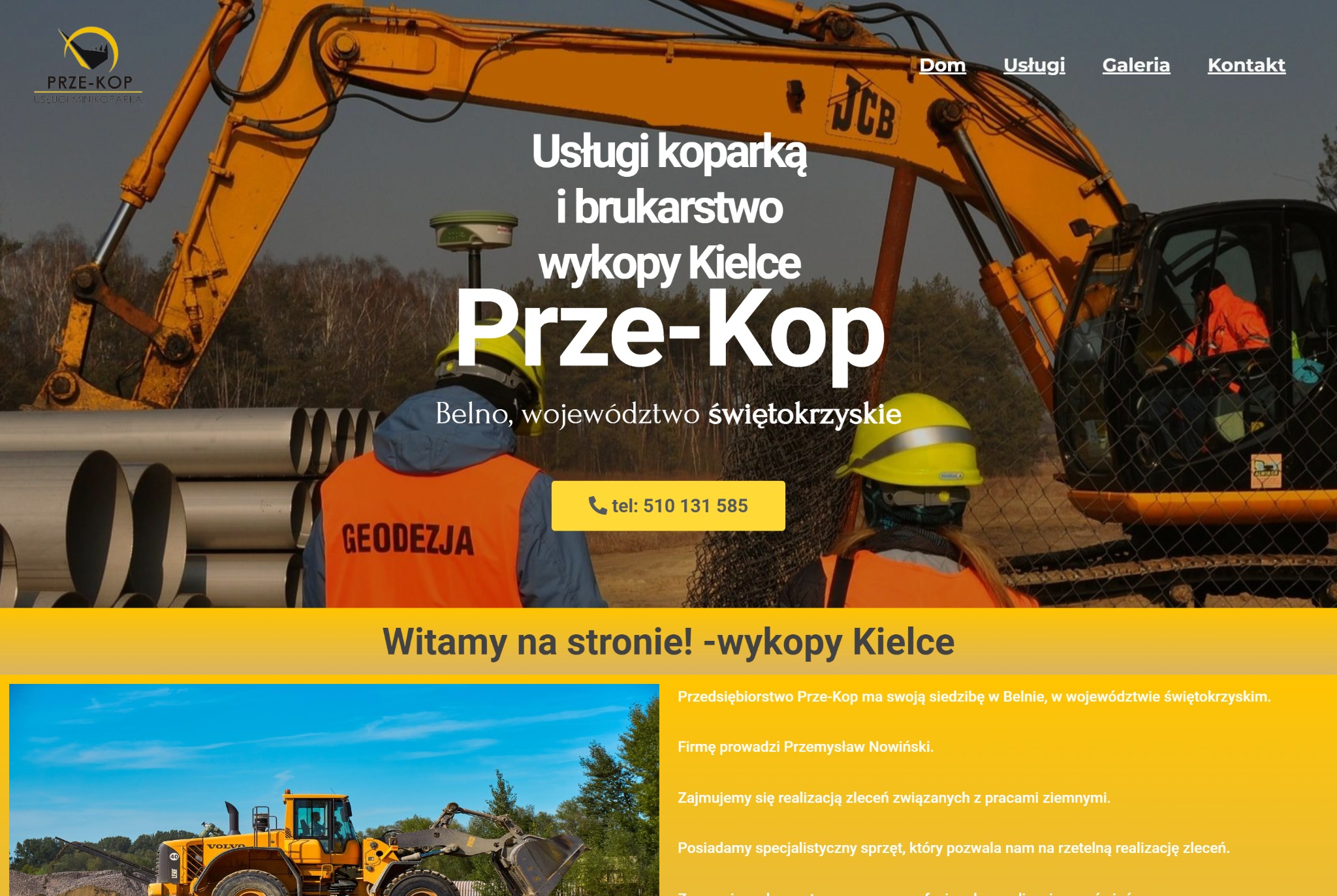 Strona internetowa firmy Prze-Kop z Kielc, oferującej usługi koparką i brukarstwo, z widoczną koparką JCB i pracownikami w kamizelkach odblaskowych oraz sprzętem geodezyjnym.