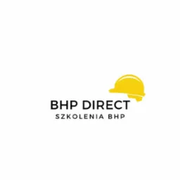 Logo firmy BHP Direct z żółtym kaskiem ochronnym i tekstem 'Szkolenia BHP' na białym tle.
