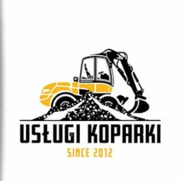 Grafika reklamowa z ilustracją żółto-czarnej koparki na tle hałdy ziemi, nad napisem 'USŁUGI KOPARKI SINCE 2012', poniżej numer telefonu i adres e-mail.