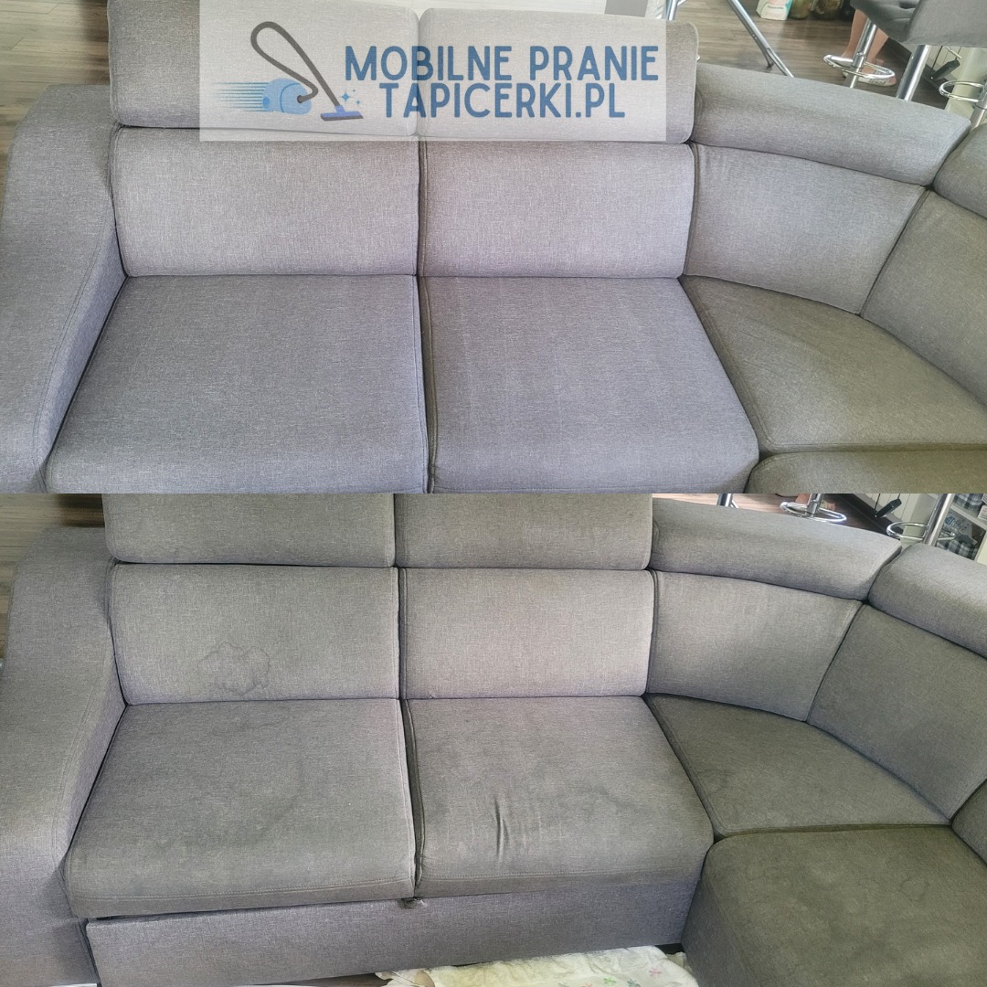 Sofa narożna przed i po czyszczeniu. Górna część pokazuje wypraną tapicerkę, dolna z plamami. Widoczna różnica w odcieniu szarości.