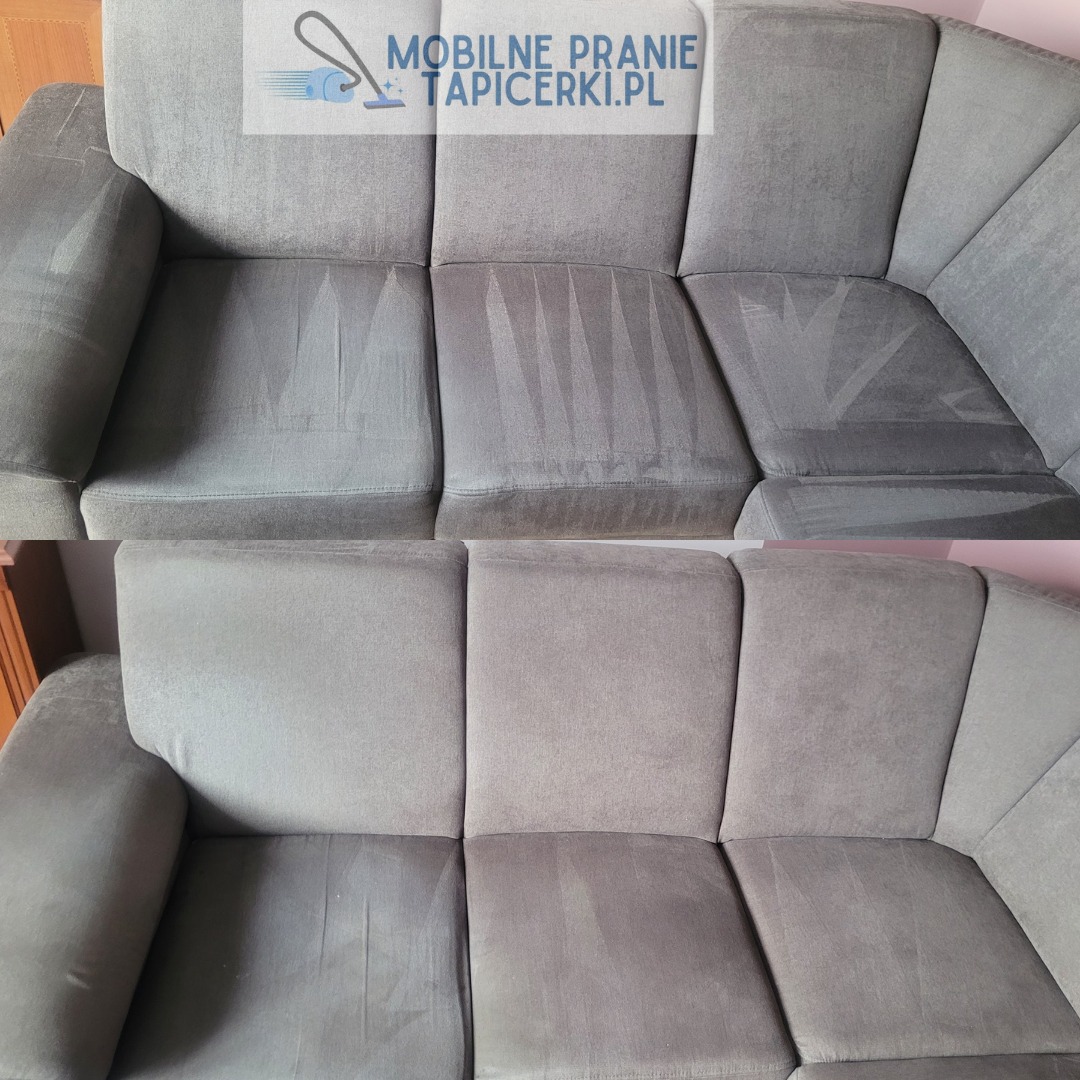 Szara kanapa narożna w układzie 'przed i po' praniu. Górna część ukazuje zabrudzenia, dolna czystą tapicerkę po usunięciu plam. Widoczne różnice w odcieniach szarości.