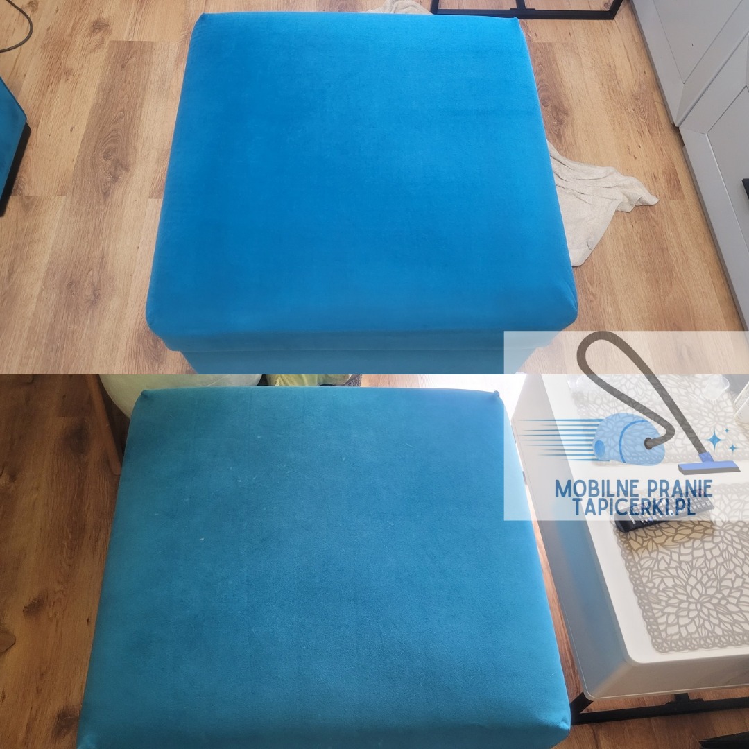 Pufa tapicerowana przed i po praniu, z wyraźną różnicą w odcieniu niebieskiego. Górna część jaśniejsza, dolna z widocznymi plamami i zabrudzeniami.