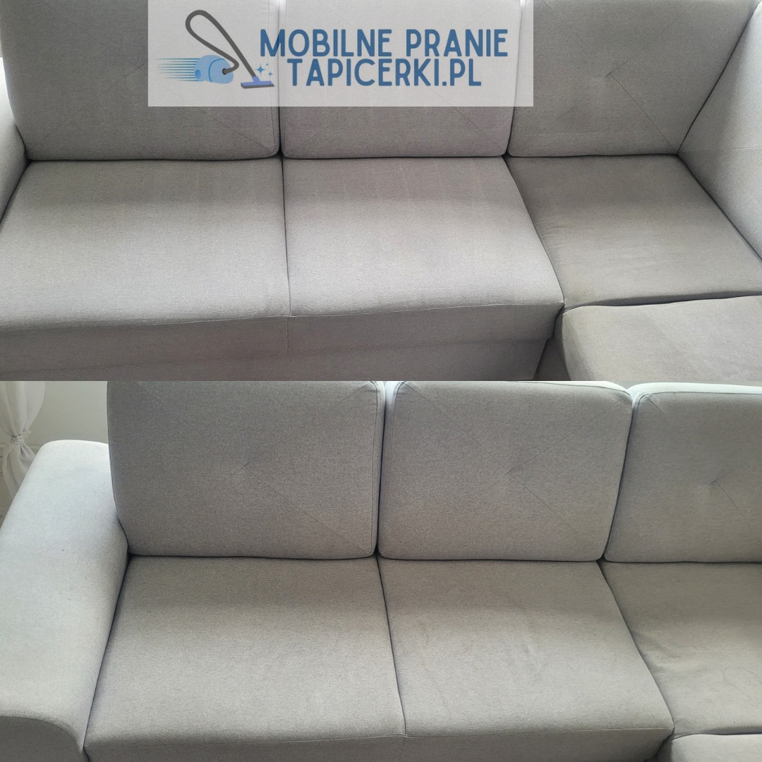 Szara kanapa narożna: górna połowa przed czyszczeniem, widoczne plamy; dolna połowa po czyszczeniu, jednolity kolor. Widoczne logo firmy na górze.