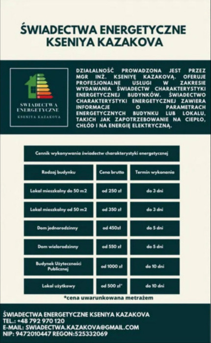 Cennik świadectw energetycznych z logo firmy Kseniya Kazakova, zawierający informacje o cenach i terminach dla różnych typów budynków.