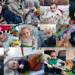 Kolaż zdjęć niemowlęcia w różnych ubrankach i otoczeniach, na macie edukacyjnej, w leżaczku, na łóżku, w zimowej scenerii.