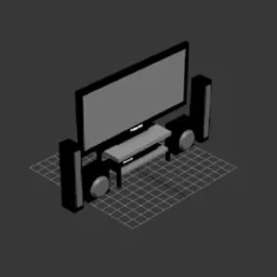 Prosta grafika 3D przedstawiająca telewizor LCD na szafce RTV z głośnikami po bokach, na tle siatki.