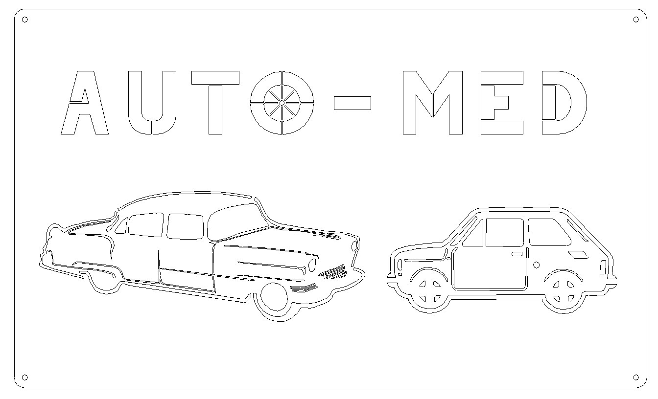 Schematyczna tablica reklamowa z wyciętymi konturami dwóch samochodów i napisem 'AUTO-MED' z kołem w miejscu litery 'O'.