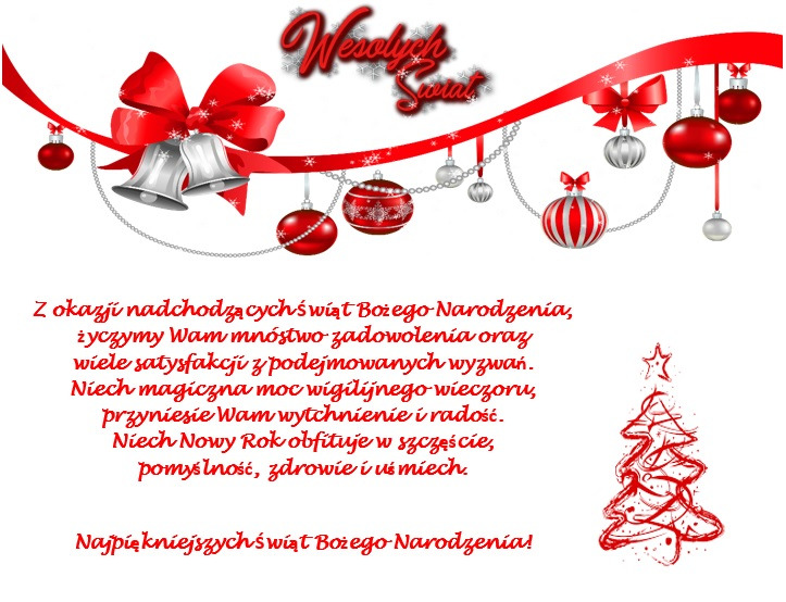 Świąteczna kartka z życzeniami: czerwone wstążki, bombki, dzwonki i stylizowana choinka na białym tle, z tekstem życzeń bożonarodzeniowych.