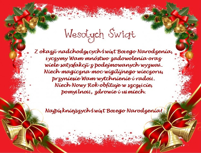Kartka świąteczna z życzeniami w ramce z motywami bożonarodzeniowymi: gałązki jodły, bombki i złote dzwonki z czerwonymi kokardami.