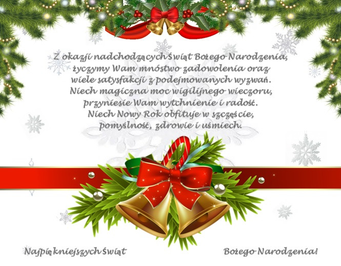 Świąteczna kartka z życzeniami Bożego Narodzenia, ozdobiona gałązkami choinki, dzwoneczkami i czerwoną wstążką, z tekstem życzeń w języku polskim.