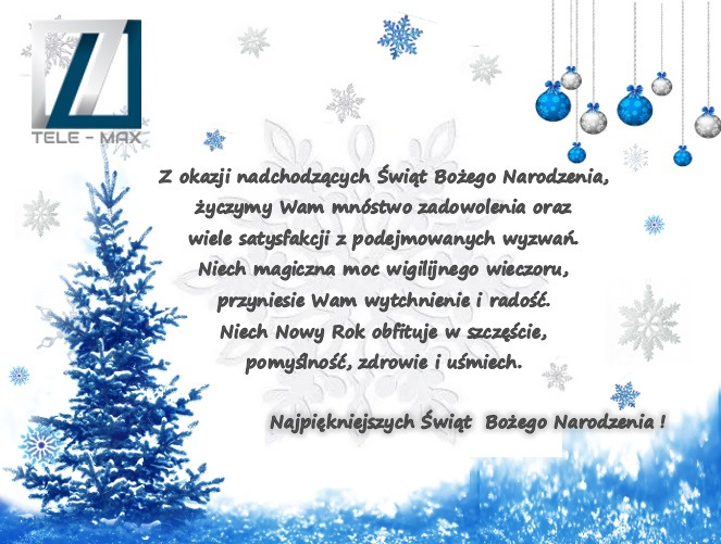 Świąteczne życzenia od Tele-Max z choinką, bombkami i śnieżynkami na białym tle.
