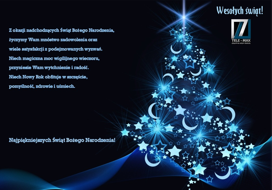 Świąteczna kartka z życzeniami w odcieniach błękitu, przedstawiająca stylizowaną choinkę z gwiazd i księżyców, oraz logo firmy Tele-Max.