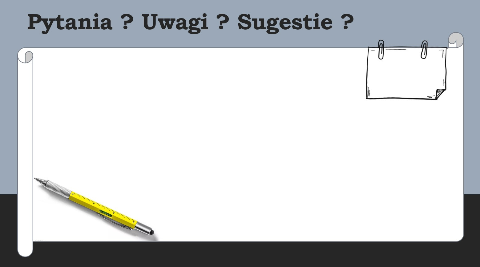 Ilustracja z pytaniami, uwagami i sugestiami na białym tle z żółtym długopisem i notatką, potencjalnie wykorzystywana do zbierania opinii klientów we Włocławku.