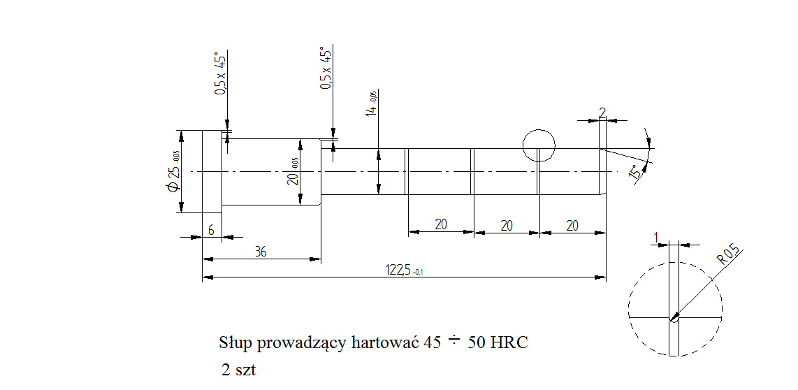 Rysunek techniczny słupa prowadzącego hartowanego z wymiarami i oznaczeniami. Schemat przedstawia przekrój poprzeczny elementu z zaznaczonymi średnicami, długościami i kątami.