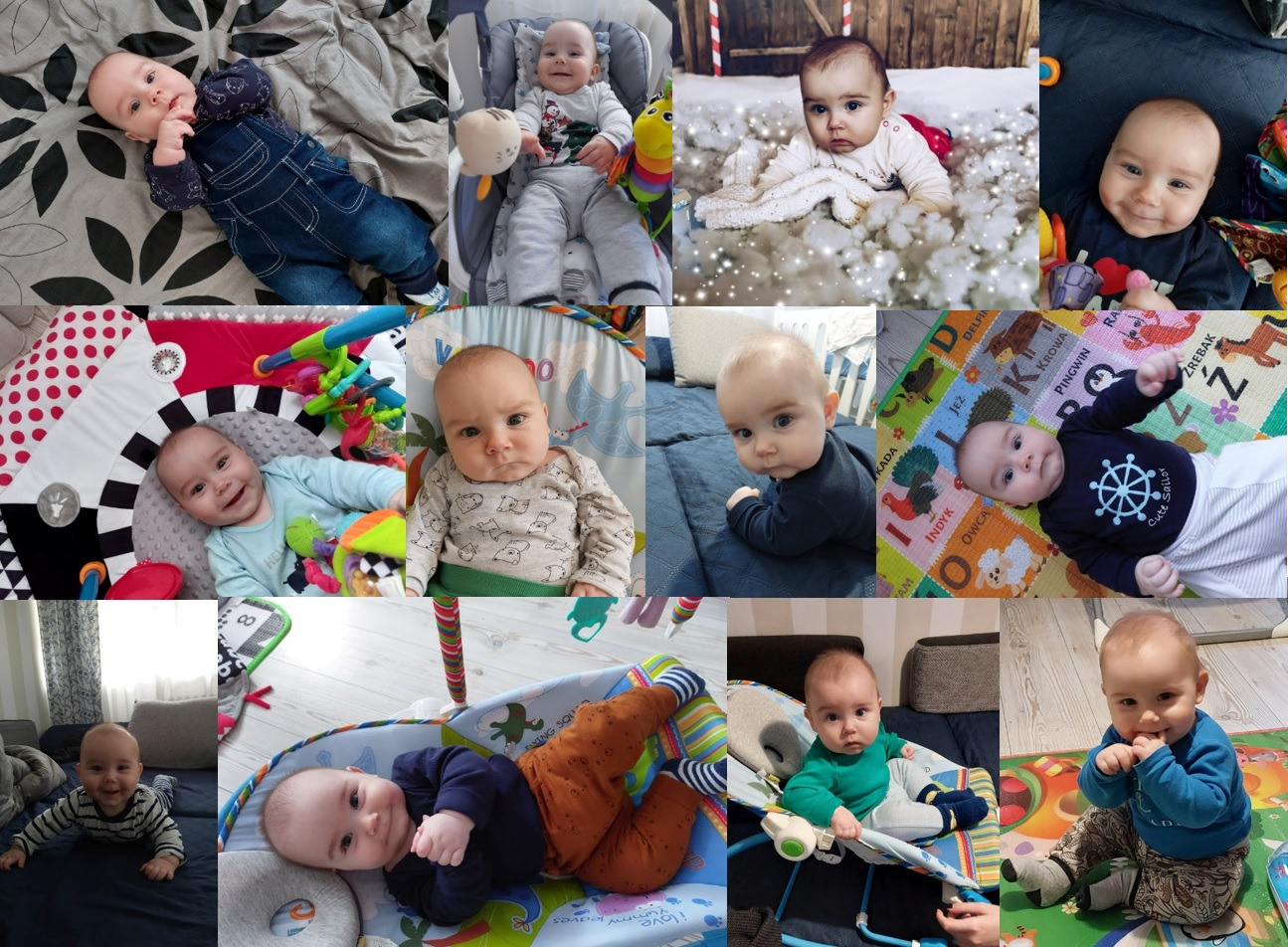 Kolaż zdjęć niemowlęcia w różnych ubrankach i otoczeniach, na macie edukacyjnej, w leżaczku, na łóżku, w zimowej scenerii.