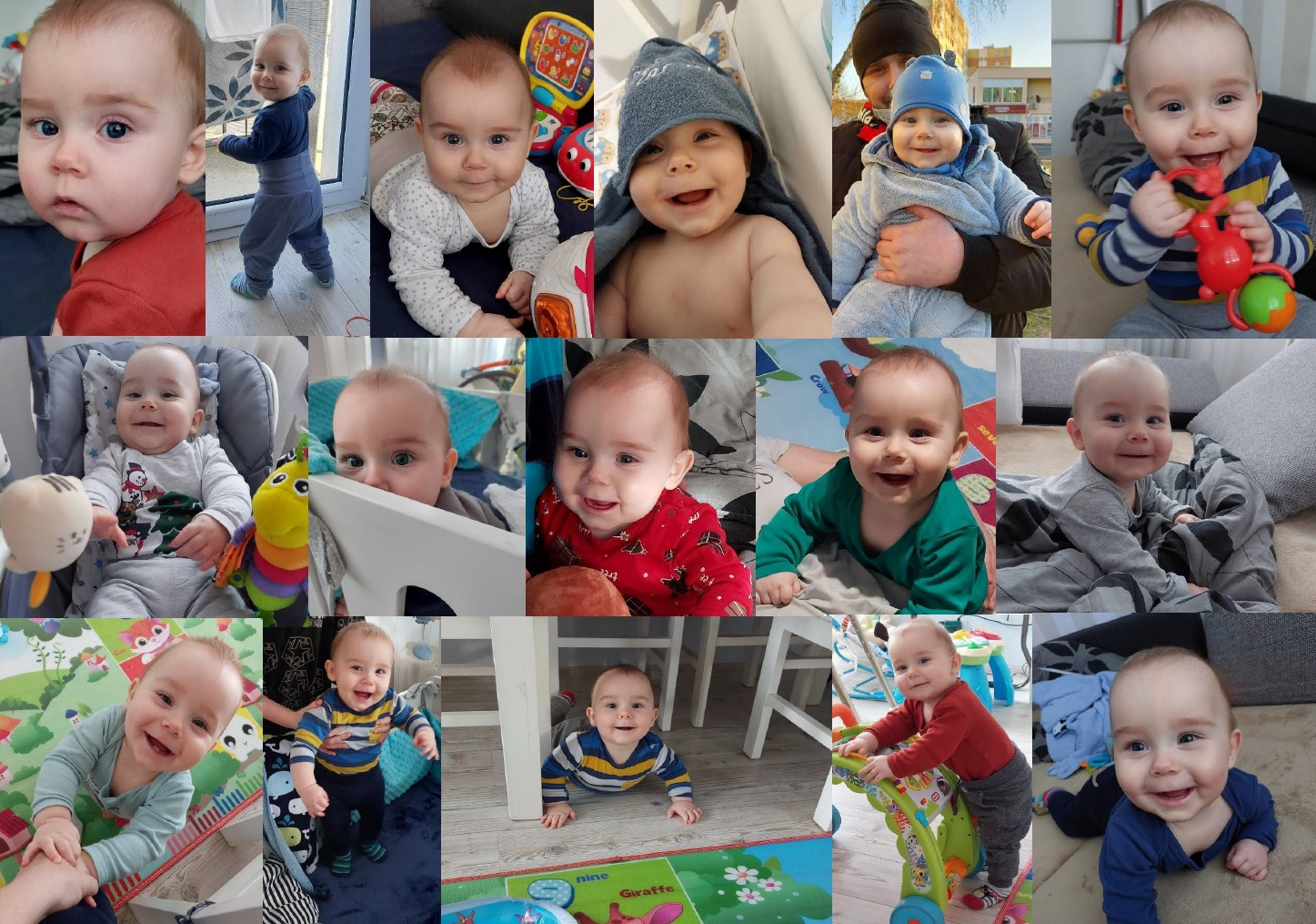Kolaż portretów uśmiechniętego niemowlęcia w różnych sytuacjach, ubraniach i otoczeniach, ukazujący jego rozwój i aktywności.