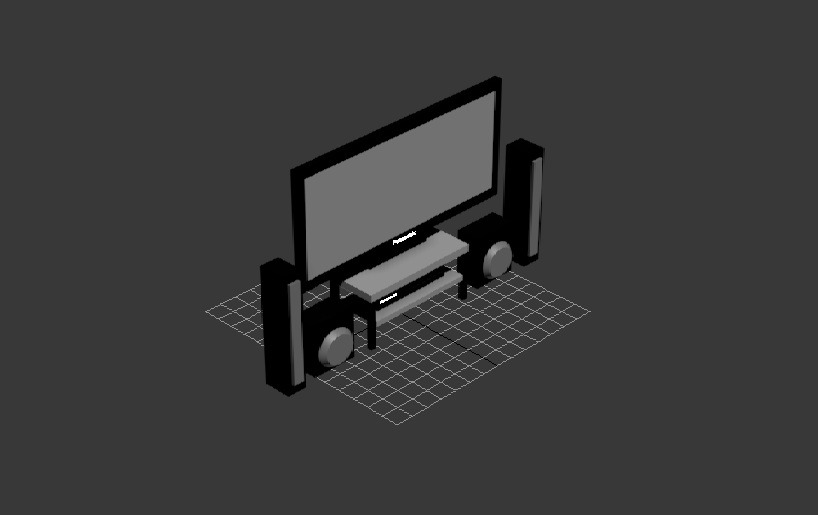 Prosta grafika 3D przedstawiająca telewizor LCD na szafce RTV z głośnikami po bokach, na tle siatki.