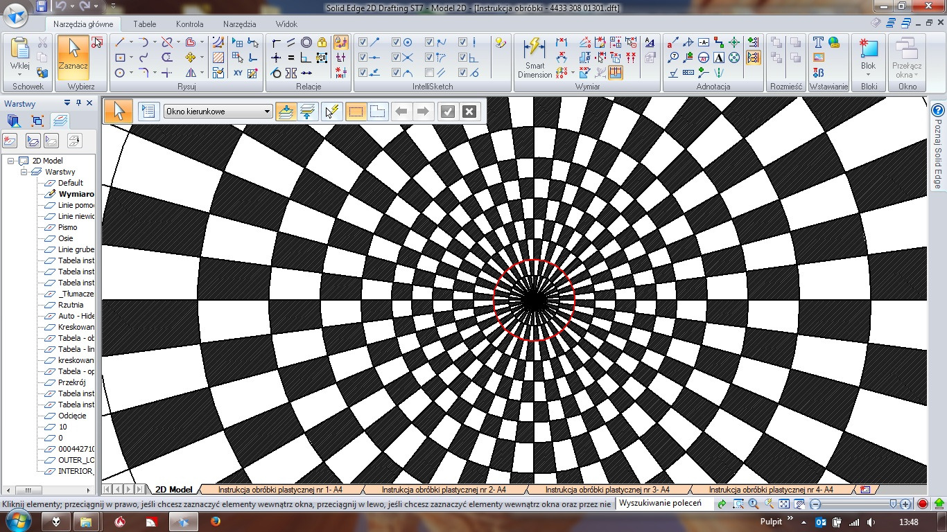 Widok ekranu programu Solid Edge 2D Drafting ST7 z otwartym projektem graficznym przedstawiającym koncentryczny wzór czarno-białych kwadratów, z zaznaczonym czerwonym okręgiem w centralnej części.