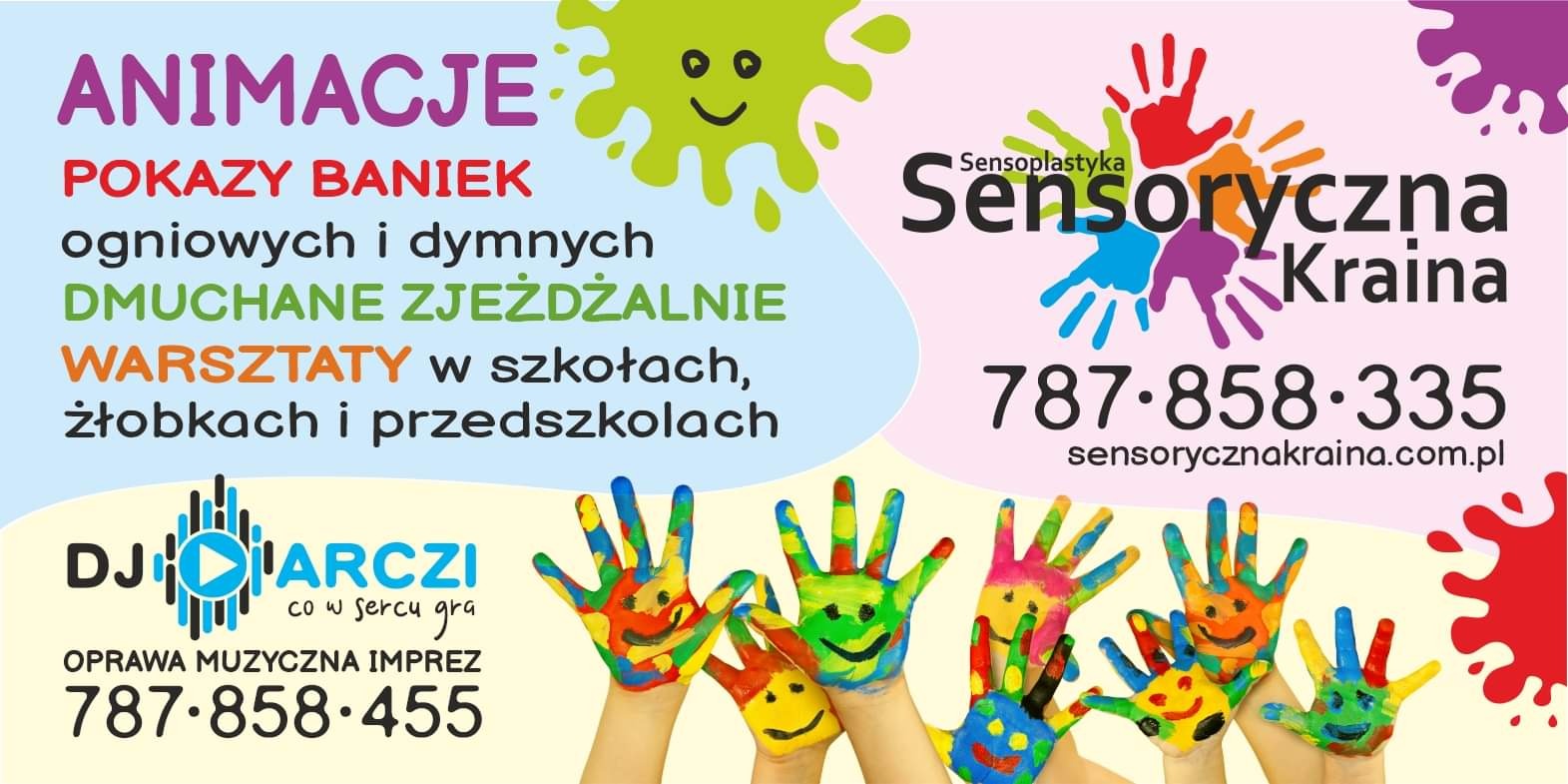 Plakat reklamowy z kolorowymi dłońmi pomalowanymi farbami z uśmiechniętymi buziami, promujący animacje dla dzieci, pokazy baniek, dmuchane zjeżdżalnie i warsztaty w szkołach i przedszkolach,...