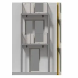 Wizualizacja elewacji budynku z trzema balkonami z metalowymi balustradami, widoczne mocowania do ściany i fragment ocieplenia.