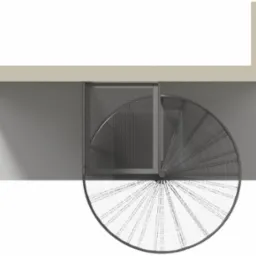 Metalowe schody spiralne z siatkową balustradą, widok z góry, minimalistyczny design w szarej tonacji.