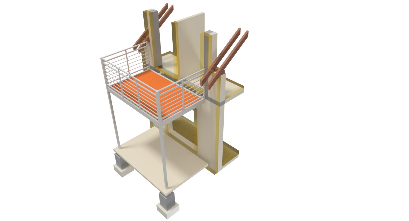 Wizualizacja 3D fragmentu budynku z balkonem z metalową balustradą i elementami konstrukcji drewnianej.