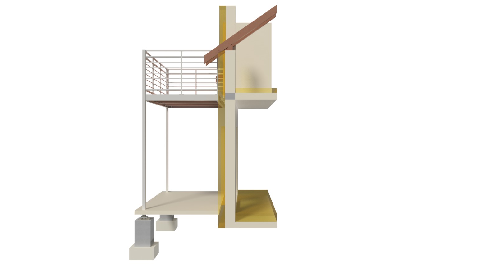 Wizualizacja 3D dwukondygnacyjnego budynku z balkonem i schodami zewnętrznymi, prezentująca przekrój konstrukcji z widocznymi elementami stalowymi i betonowymi fundamentami.