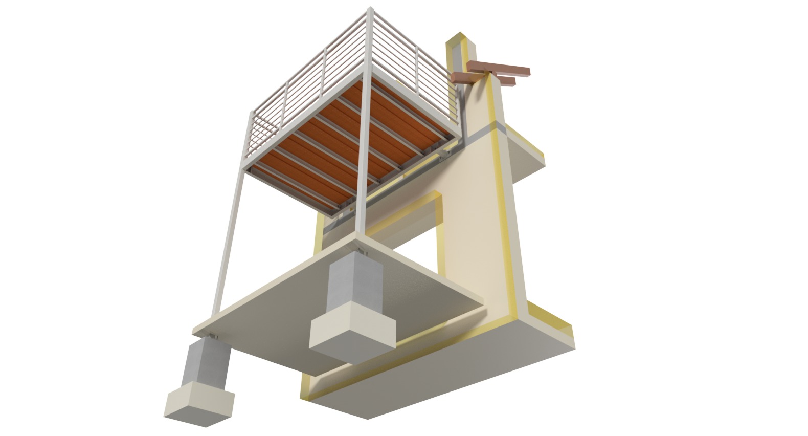 Wizualizacja 3D fragmentu konstrukcji budynku z balkonem ze stalową balustradą i drewnianym podestem, widok z dołu w perspektywie.